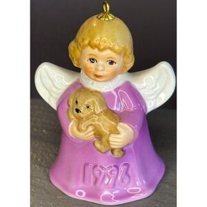 Vintage 1996 Goebel Angel Bell w Puppy Dog Christmas Tree Ornament Purple Dress
